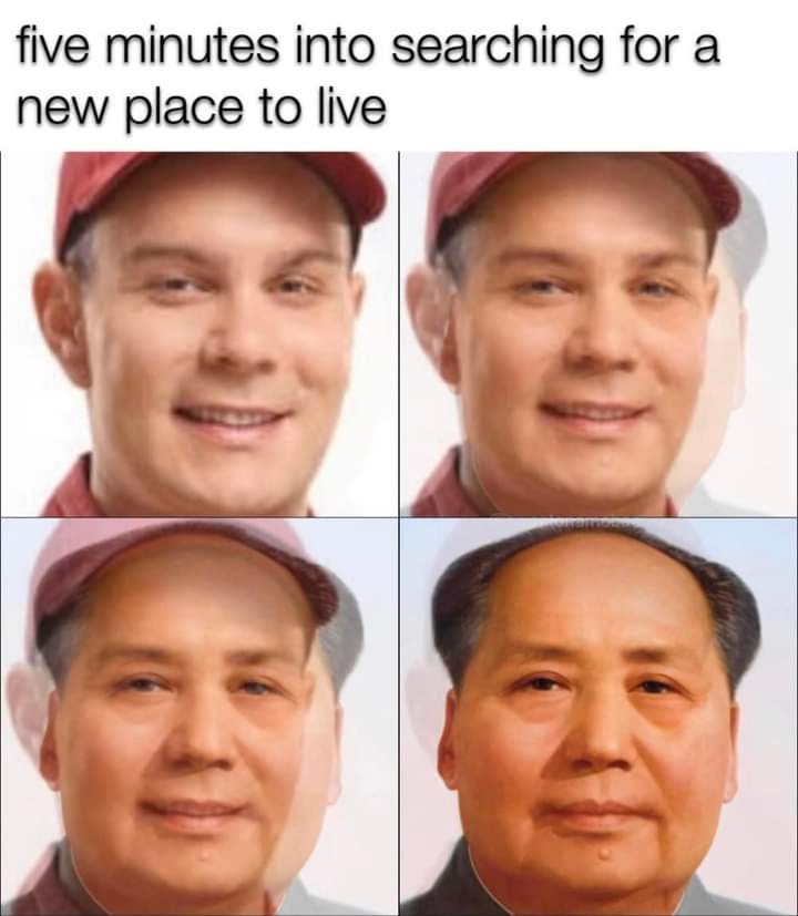 This meme is a series of images showing a man's transformation from a happy, relaxed face to a more tense and worried expression. The text above the images reads "5 minutes into searching for a new place to live". The meme is implying that the stress of searching for a new home can quickly turn a person's mood from calm to anxious.